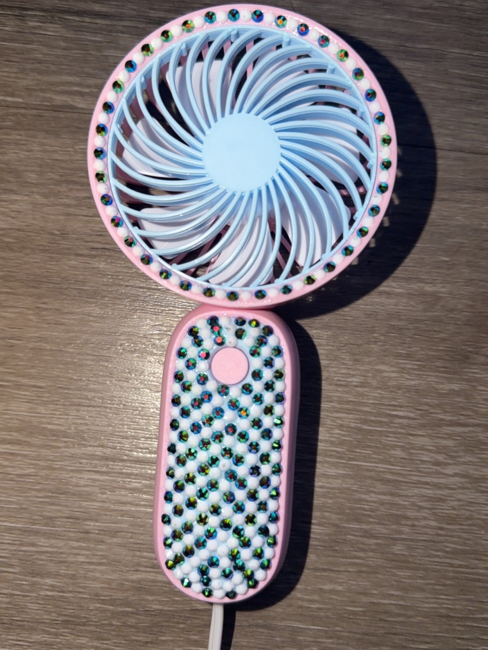 pink & blue handheld fan with green & white rhinestones